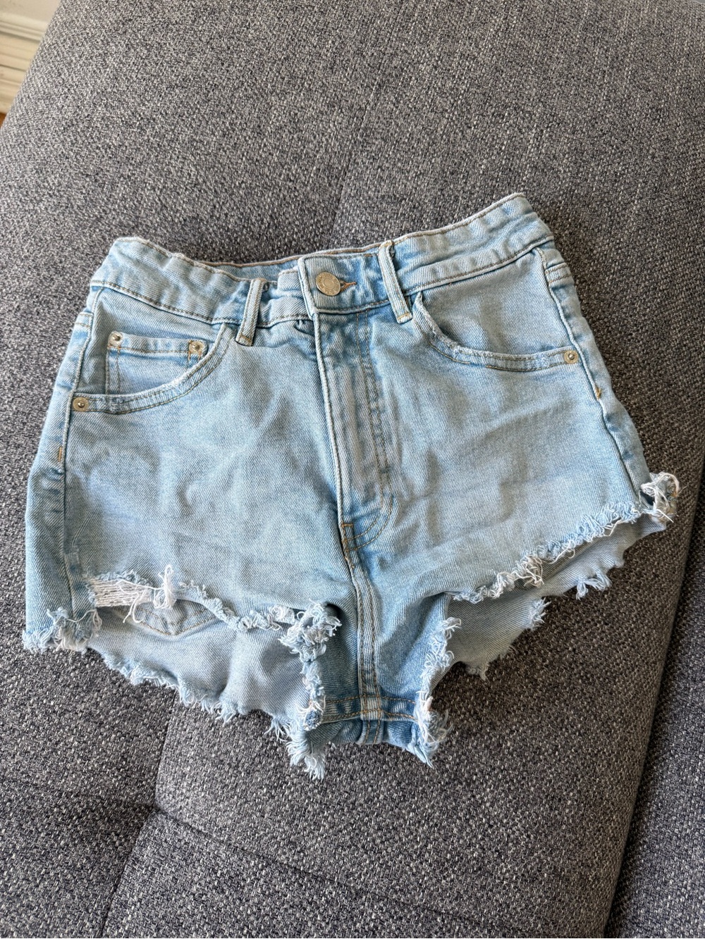 Zara Light Blue Distressed High-Waist Denim Shorts